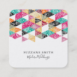 Colourful Modern Triangles White Paisley Overly Square Business Card