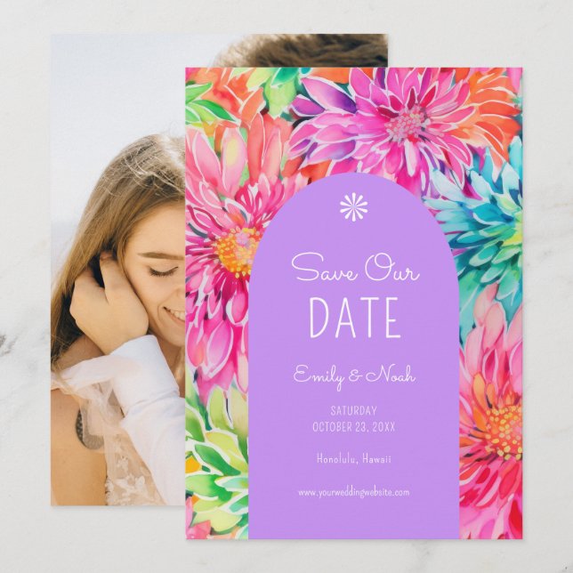 Colourful Modern Tropical Floral Wedding Photo Save The Date (Front/Back)