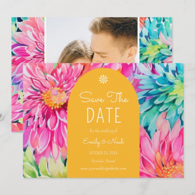 Colourful Modern Tropical Floral Wedding Photo Save The Date (Front/Back)