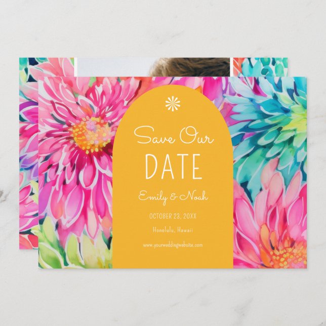 Colourful Modern Tropical Floral Wedding Photo Save The Date (Front/Back)