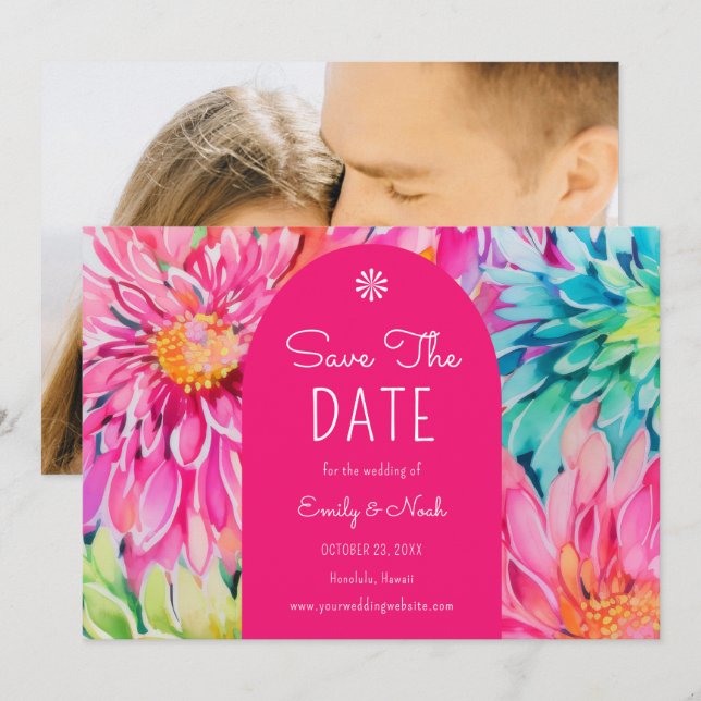 Colourful Modern Tropical Floral Wedding Photo Save The Date (Front/Back)