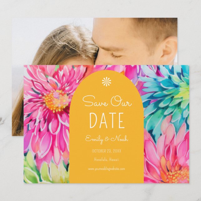 Colourful Modern Tropical Floral Wedding Photo Save The Date (Front/Back)