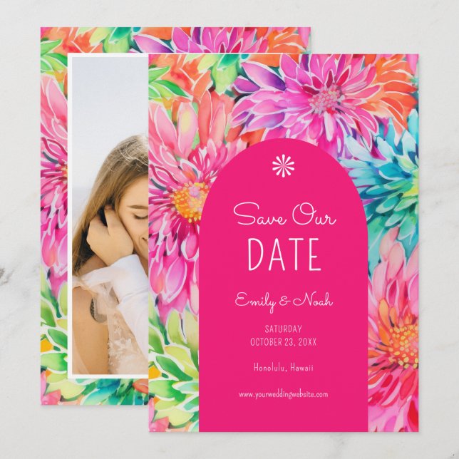 Colourful Modern Tropical Floral Wedding Photo Save The Date (Front/Back)