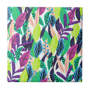 Colourful Modern Tropical Forest Leaves Pattern Tile