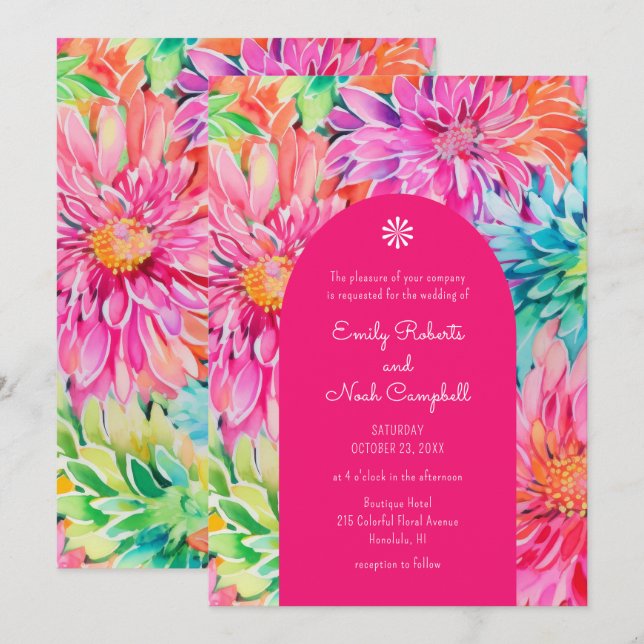 Colourful Modern Tropical Watercolor Floral Weddin Invitation (Front/Back)