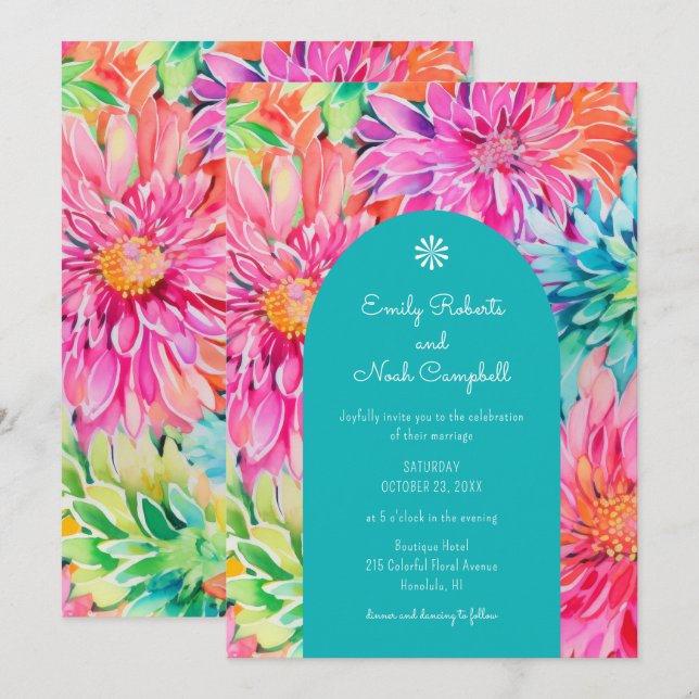 Colourful Modern Tropical Watercolor Floral Weddin Invitation (Front/Back)