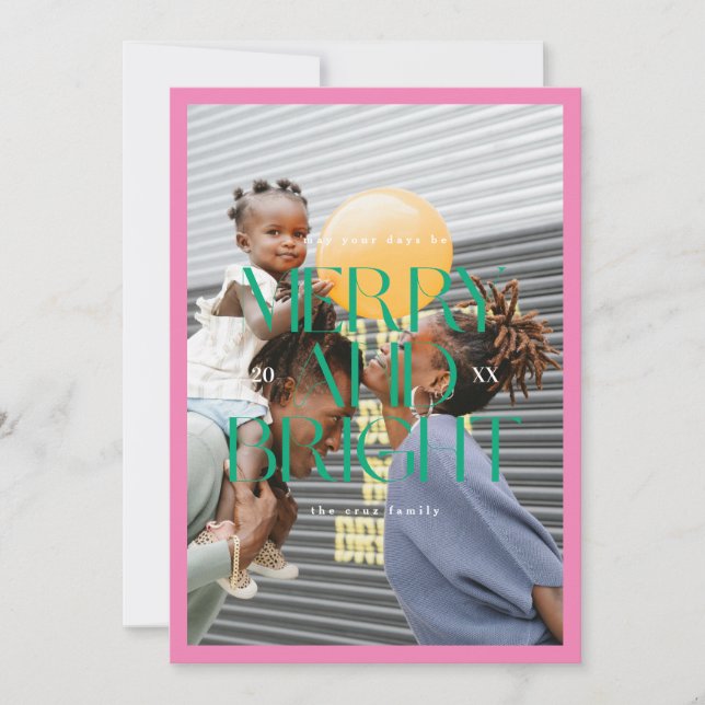 Colourful Modern Typographic Merry and Bright Phot Holiday Card (Front)