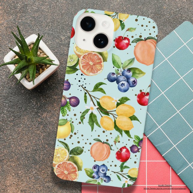 Colourful modern vintage fruit pattern Blue iPhone Case (Cute modern vintage citrus and fruit pattern in blue background for her.)
