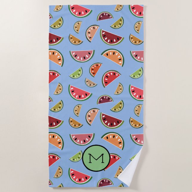 Colourful Modern Watermelon Pattern Monogram Beach Towel (Front)