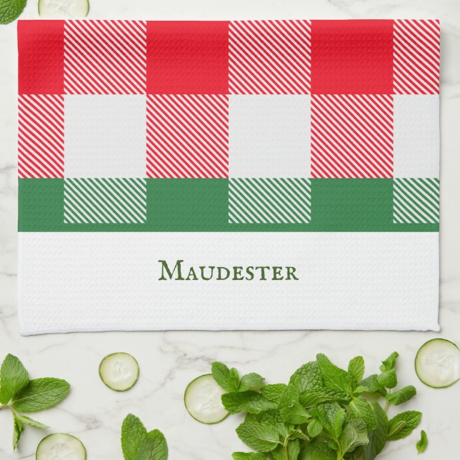 Colourful Modern White Green Red Buffalo Plaid Kitchen Towel (Folded)