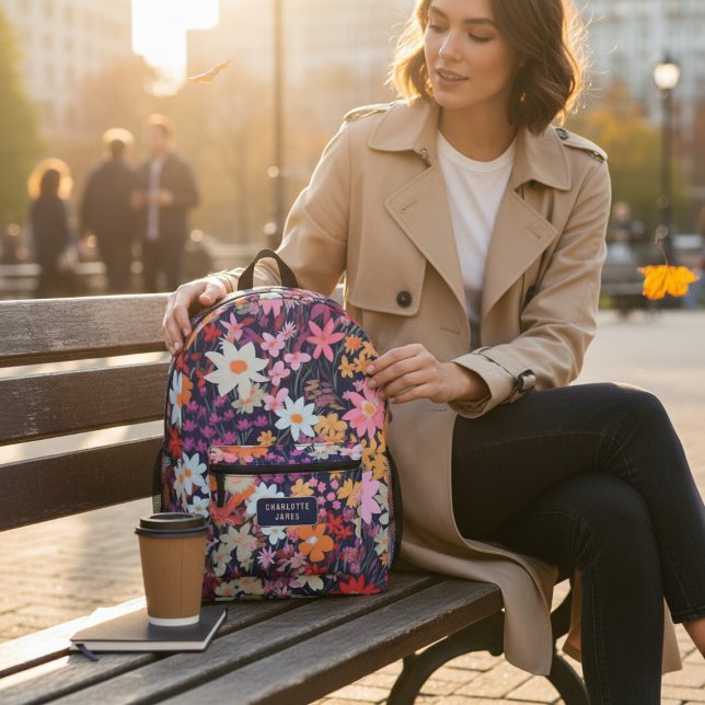 Colourful Modern Wild Flowers Personalized Name Printed Backpack (Creator Uploaded)