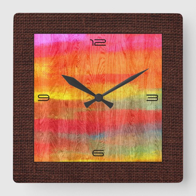 Colourful Modern Wood Grain Burlap Border #7 Square Wall Clock (Front)