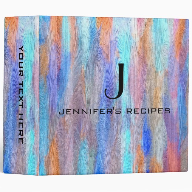 Colourful Modern Wood Grain Monogram Cooking #8 Binder (Front/Spine)