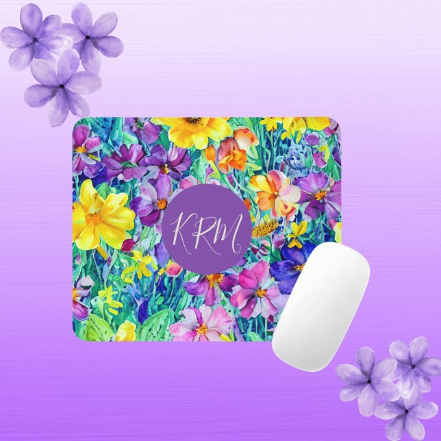 Colourful Monogram Chic Watercolor Floral Mouse Pad (Creator Uploaded)