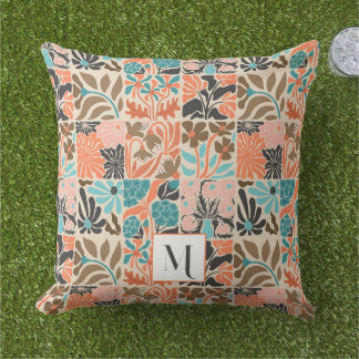 Colourful Monogram Cute Retro Trendy Floral Patter Outdoor Pillow