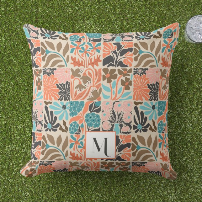 Colourful Monogram Cute Retro Trendy Floral Patter Outdoor Pillow (Grass)