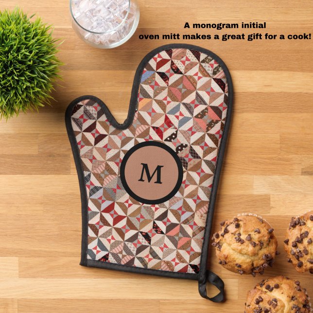 Colourful Monogram Initial Patchwork Quilt Pattern Oven Mitt (Add elegant, rustic style to your kitchen with this monogram initial quilt pattern oven mitt!)