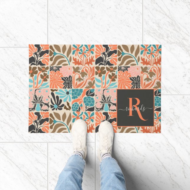 Colourful Monogram Script Retro Floral Pattern Doormat (Indoor)