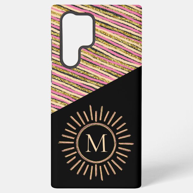 Colourful Monogram Simple Modern Stripes Gold Samsung Galaxy S22 Ultra Case (Back)