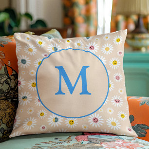 Colourful Monogram Smiling Daisy personalised Throw Pillow