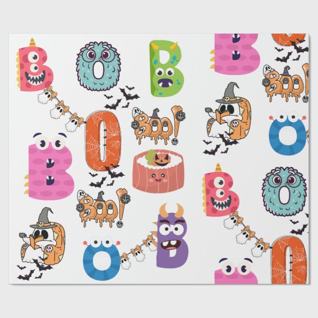 Colourful Monster “BOO” Halloween Cartoon Design Wrapping Paper (Flat)