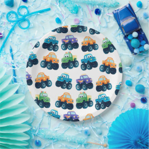 Colourful Monster Truck Pattern Birthday Paper Plate