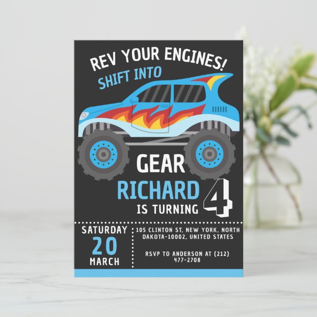 Colourful Monster Truck Themed Kids Birthday Party Invitation (Standing Front)