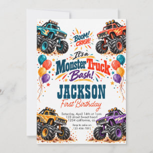 Colourful Monster Trucks and Balloons Birthday Invitation