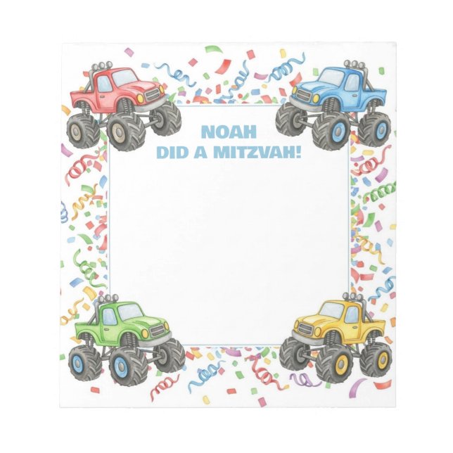 Colourful Monster Trucks Personalized Mitzvah  Notepad (Front)