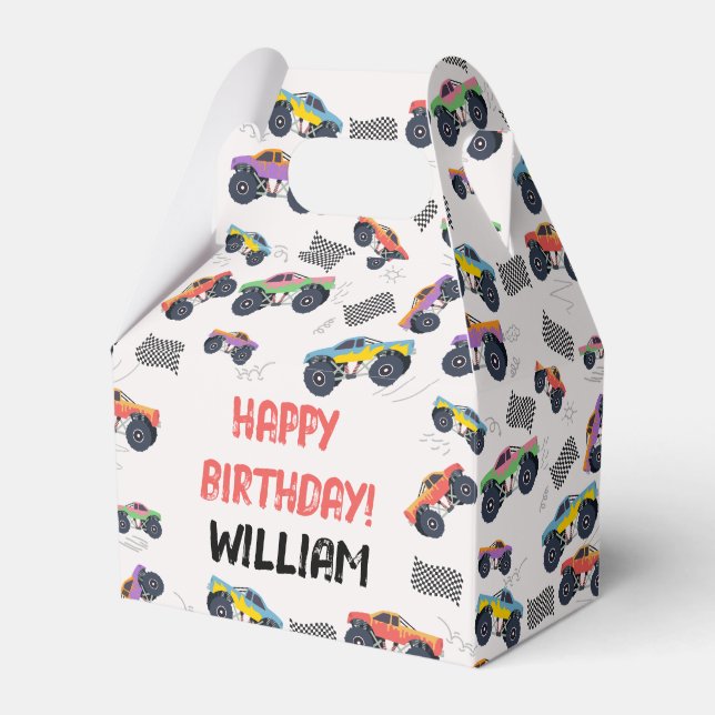 Colourful Monster Trucks Racing Kids Birthday Part Favor Box (Front Side)