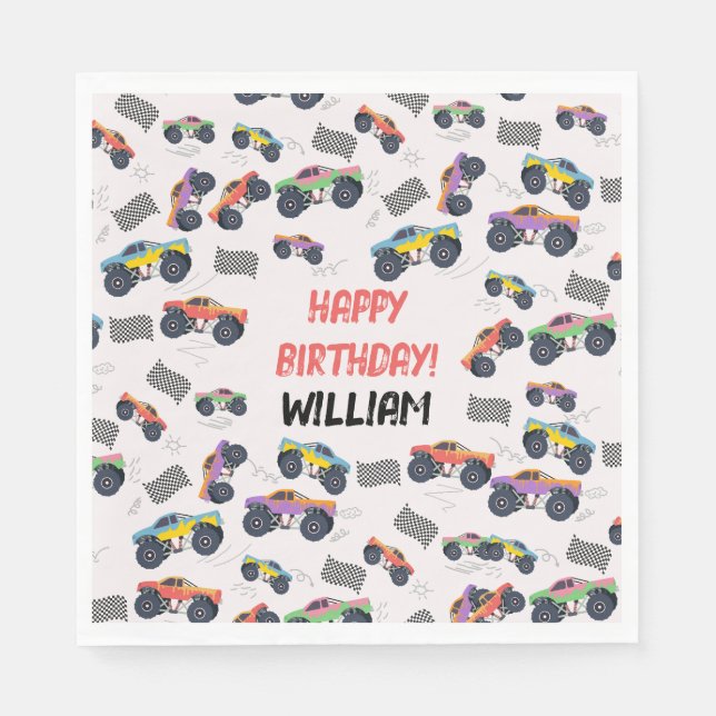 Colourful Monster Trucks Racing Kids Birthday Part Napkin (Front)