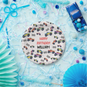 Colourful Monster Trucks Racing Kids Birthday Part Paper Plate