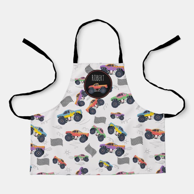 Colourful Monster Trucks Racing Kids Custom Name Apron (Front)