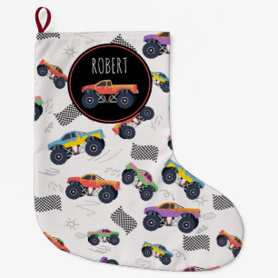 Colourful Monster Trucks Racing Kids Custom Name Large Christmas Stocking