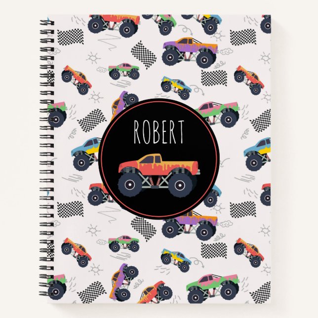 Colourful Monster Trucks Racing Kids Custom Name Notebook (Front)