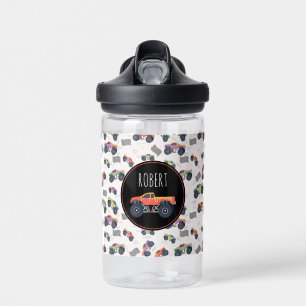 Colourful Monster Trucks Racing Kids Custom Name Water Bottle