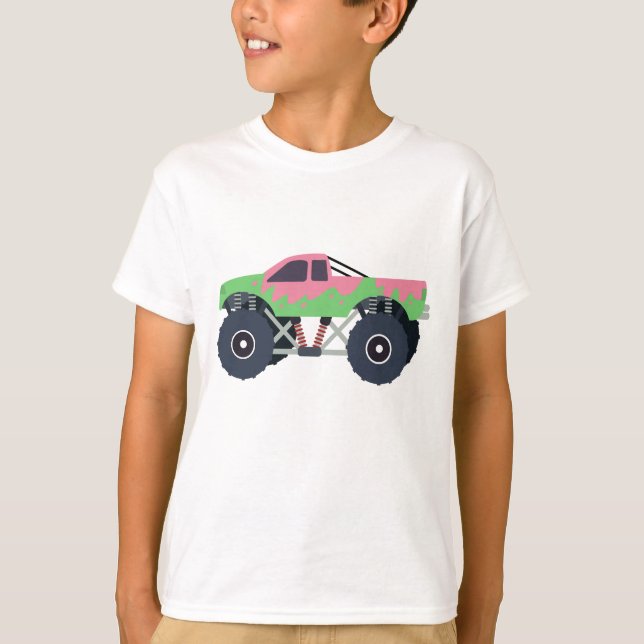 Colourful Monster Trucks Racing Kids Green T-Shirt (Front)
