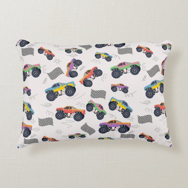 Colourful Monster Trucks Racing Pattern Accent Pillow (Front)
