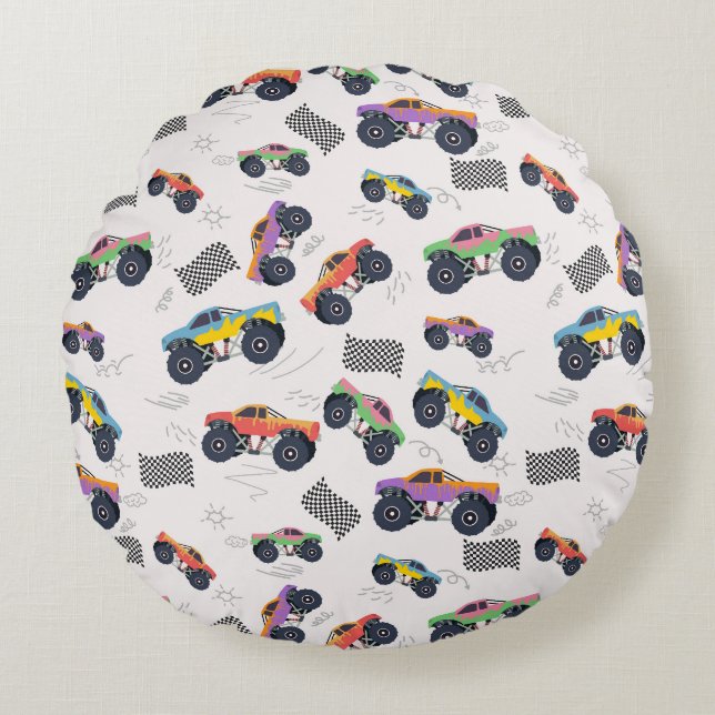 Colourful Monster Trucks Racing Pattern Round Pillow (Front)