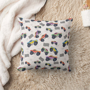 Colourful Monster Trucks Racing Pattern Throw Pillow