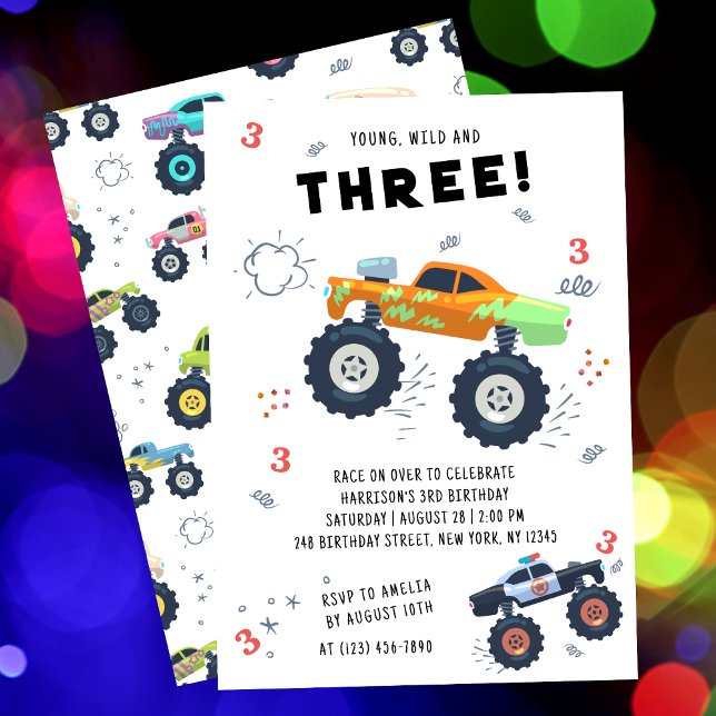 Colourful Monster Trucks Third Birthday Invitation (Creator Uploaded)