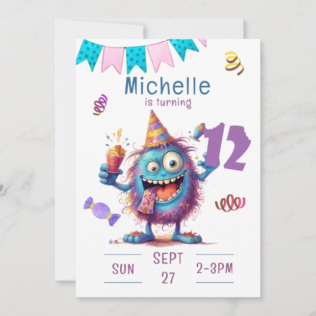 Colourful Monster Twelve Year Birthday Invitation (Front)
