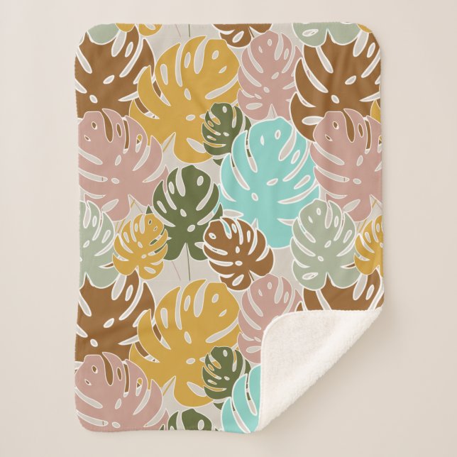 Colourful monstera jungle sherpa blanket (Front)