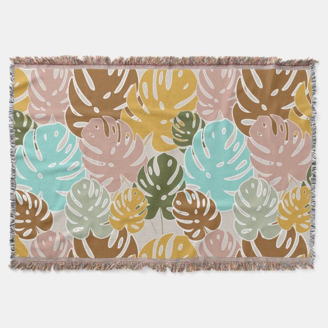 Colourful monstera jungle throw blanket (Front)