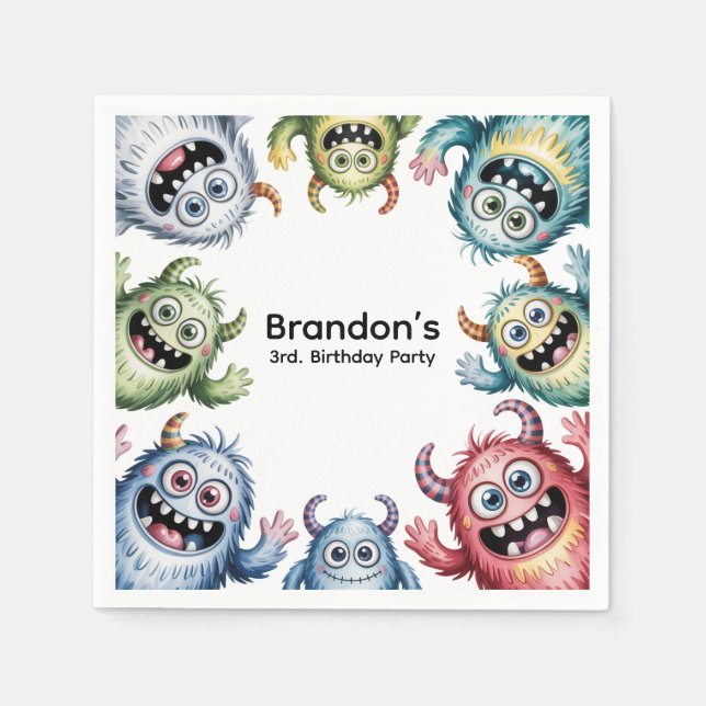 Colourful Monsters 3rd. Birthday Party Napkin (Front)