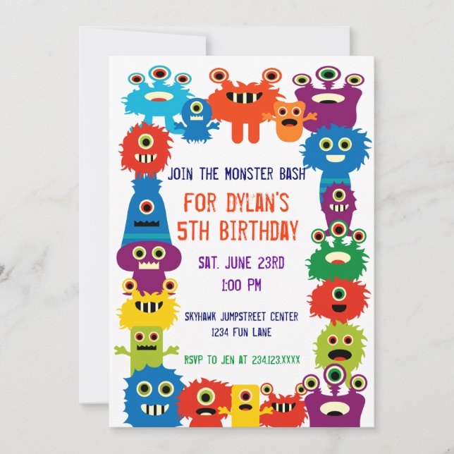 Colourful Monsters Birthday Party Invitations (Front)