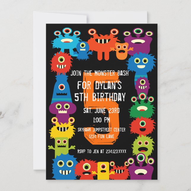 Colourful Monsters Kids Birthday Party Invitations (Front)