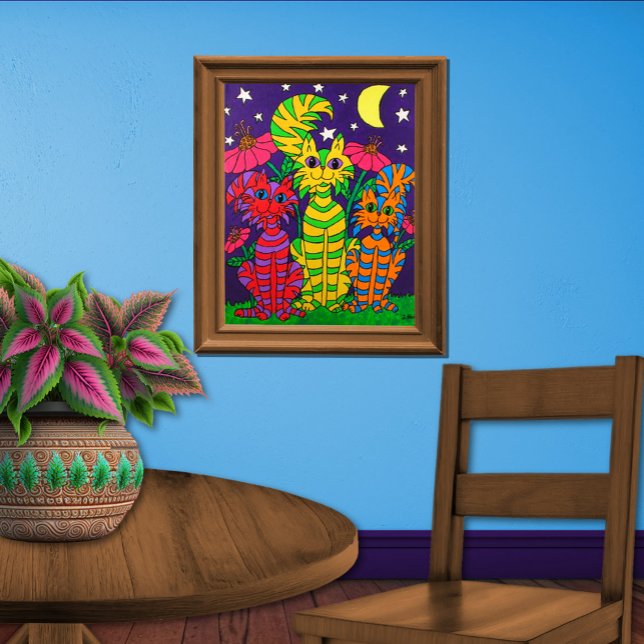 Colourful Moonlight Cats Folk Art Poster (Creator Uploaded)