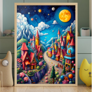 Colourful Moonlit Candy Land & Magical Village Poster