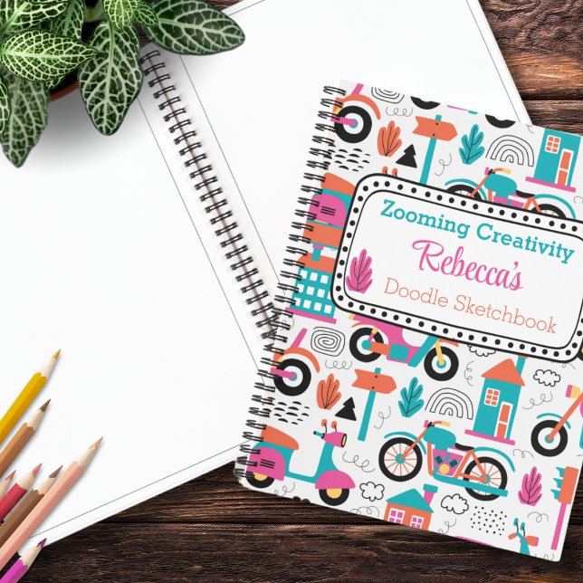 Colourful Moped Doodle Pattern Personalized Sketch Notebook (Fuel artistic adventures with our vibrant colored Moped Doodle Pattern Sketchbook. Customize today!)